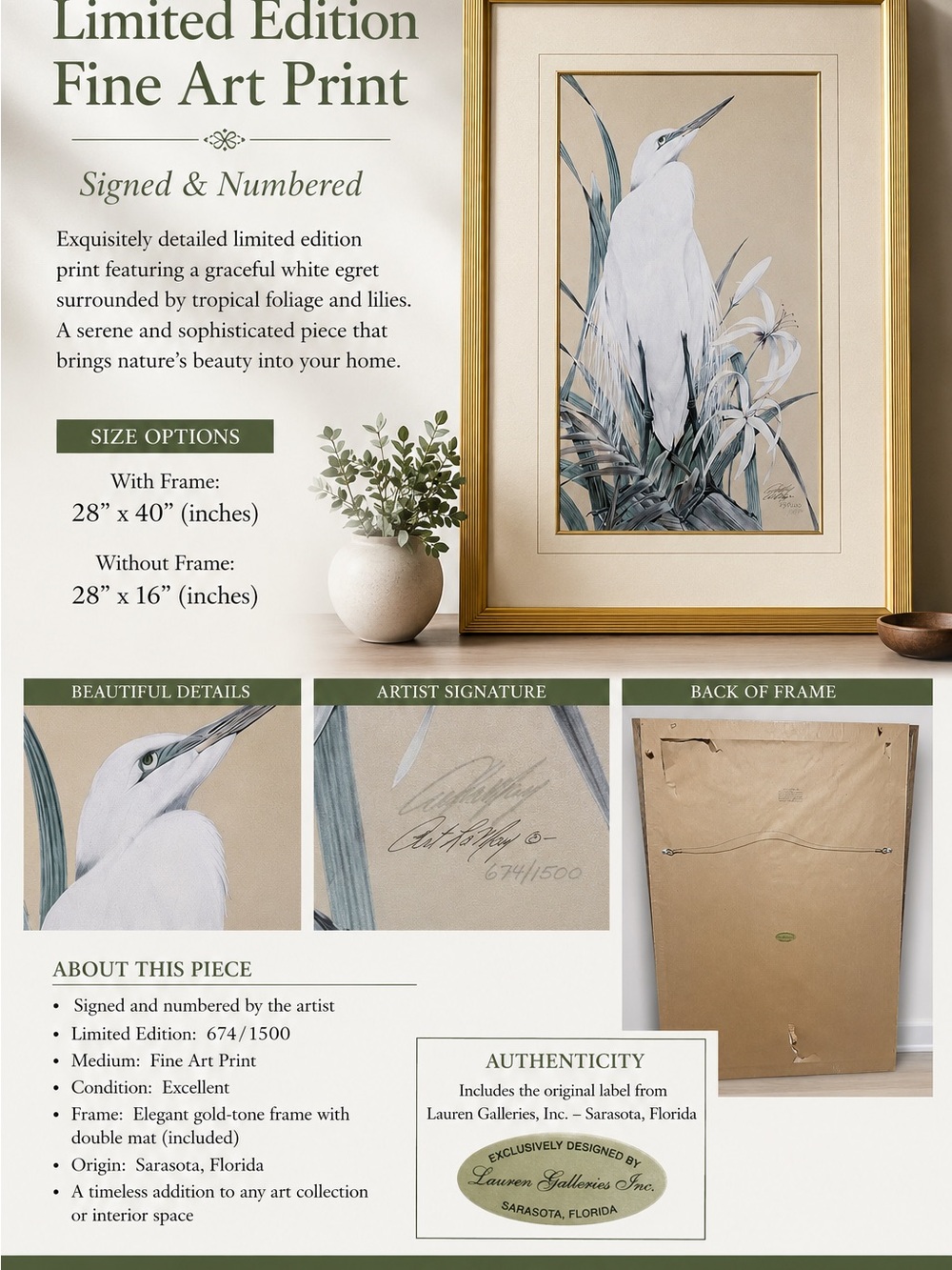 Limited Edition White Egret Fine Art Print in Gold Frame